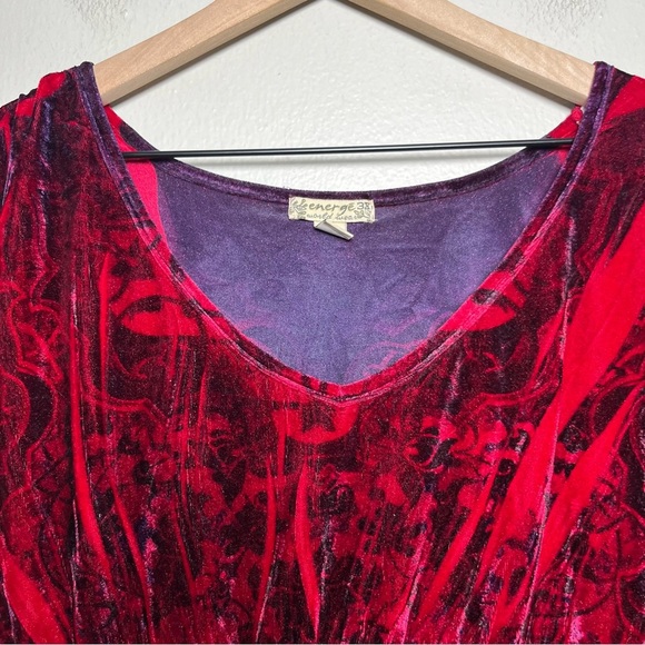 Energe Women Top 3X Red Velvet Burnout Empire Waist Half Sleeve Sequins Art‎ - Picture 3 of 9